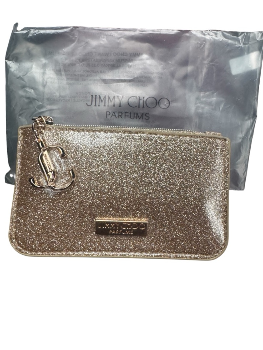 Jimmy Choo Glitter Zip Pouch in Gold